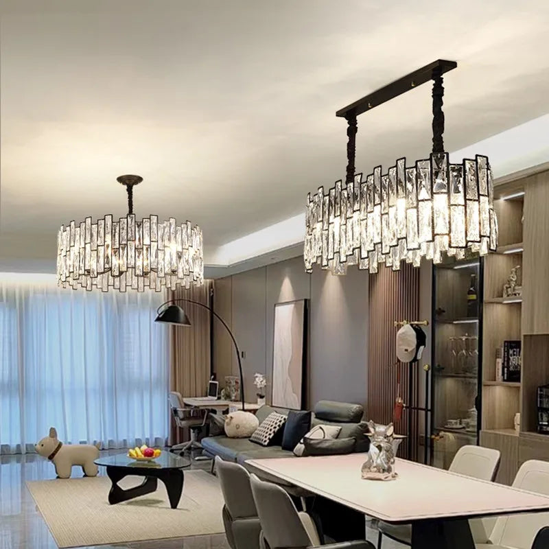 lustre cristal moderne transparent noir brillant salon restaurant haute gamme echangement chainemeta