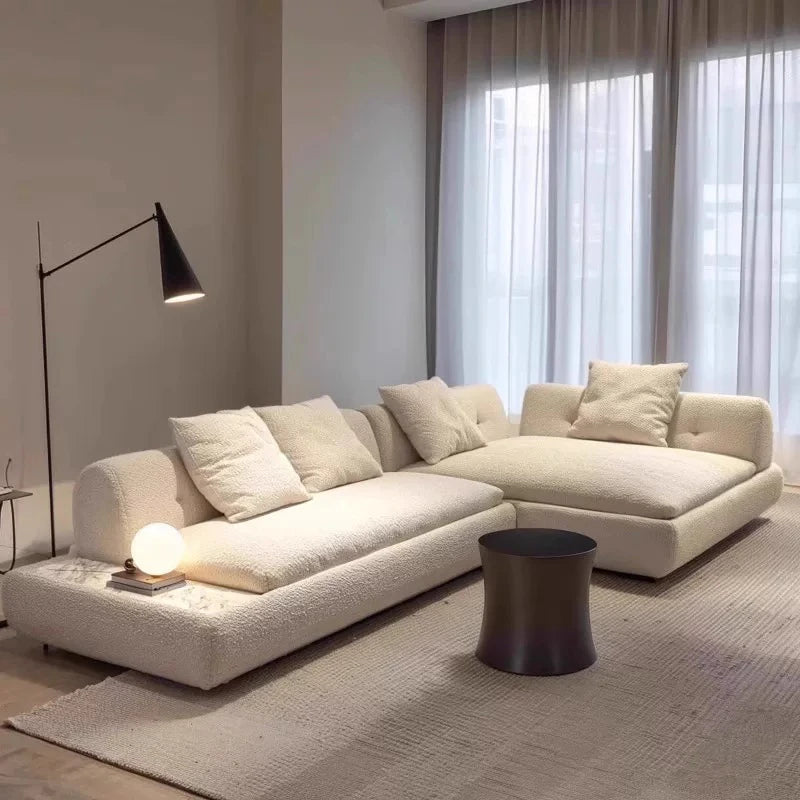 canapé d'angle moderne beige texture bouclée adhésif salon bois éponge scandinave maroc