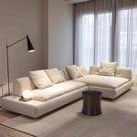 canapé d'angle moderne beige texture bouclée adhésif salon bois éponge scandinave maroc