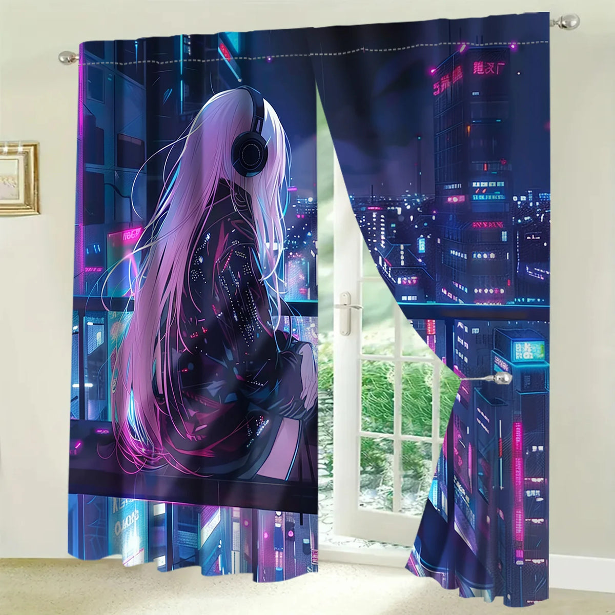 rideaux anime futuriste deux panneaux impression graphique jeunes femme ville neon chambre moderne polyester