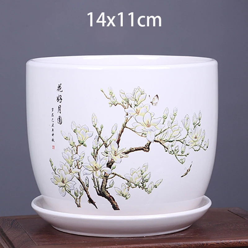 vase decoratif art traditionnel chinois cache pot fleurs oiseaux calligraphie chinoise blanc rouge vert