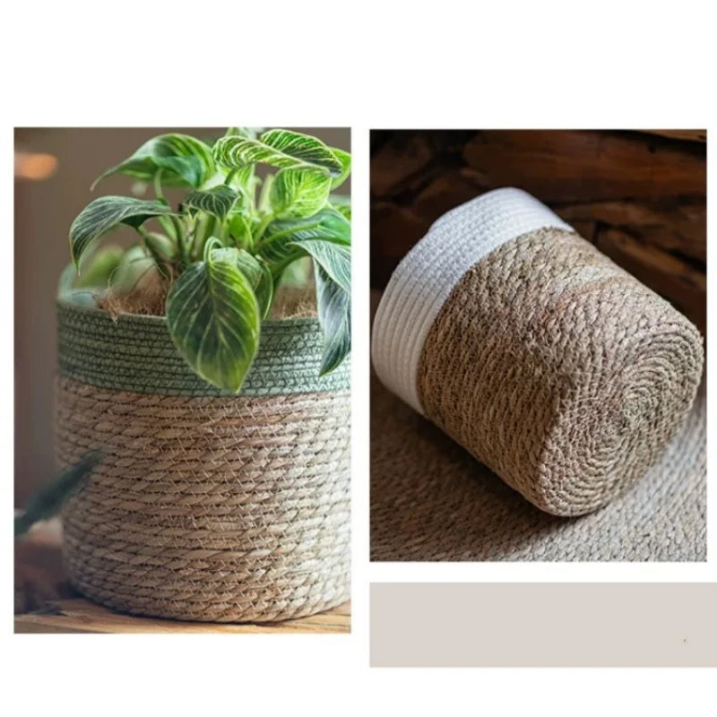 panier tissé main fibre naturelle vert clair beige rustique réutilisable respectueux environnement pliable rangement
