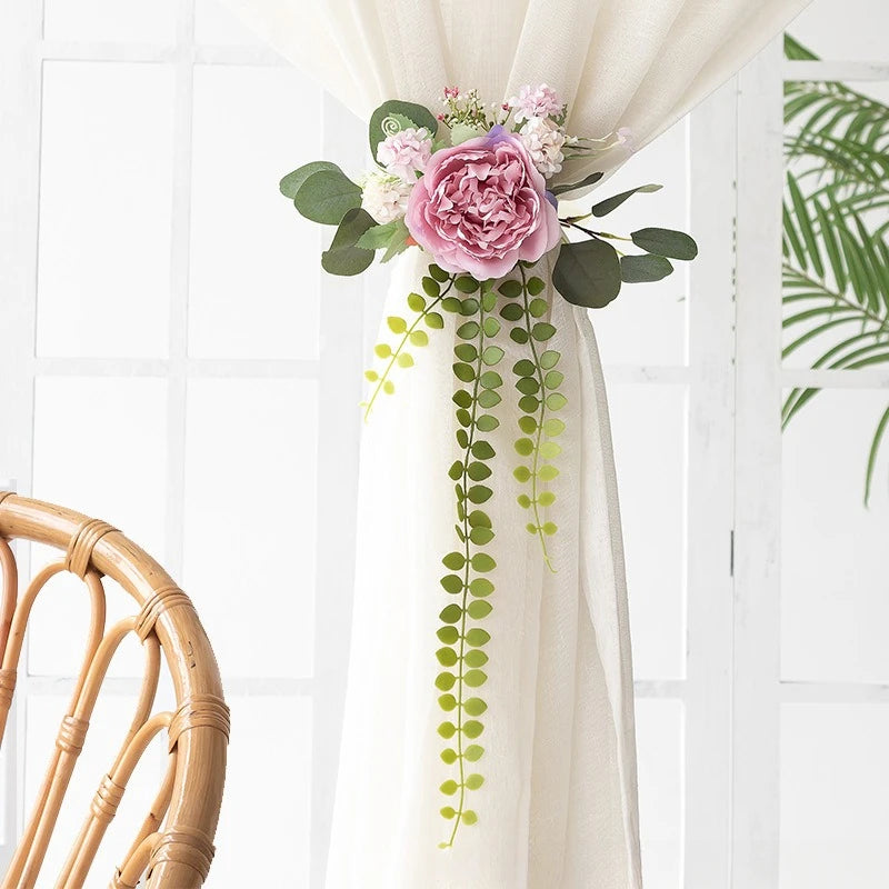 rideaux polonais sangles fleurs réalistes deco champêtre eucalyptus tournesols roses pivoines semi transparents 30x60cm