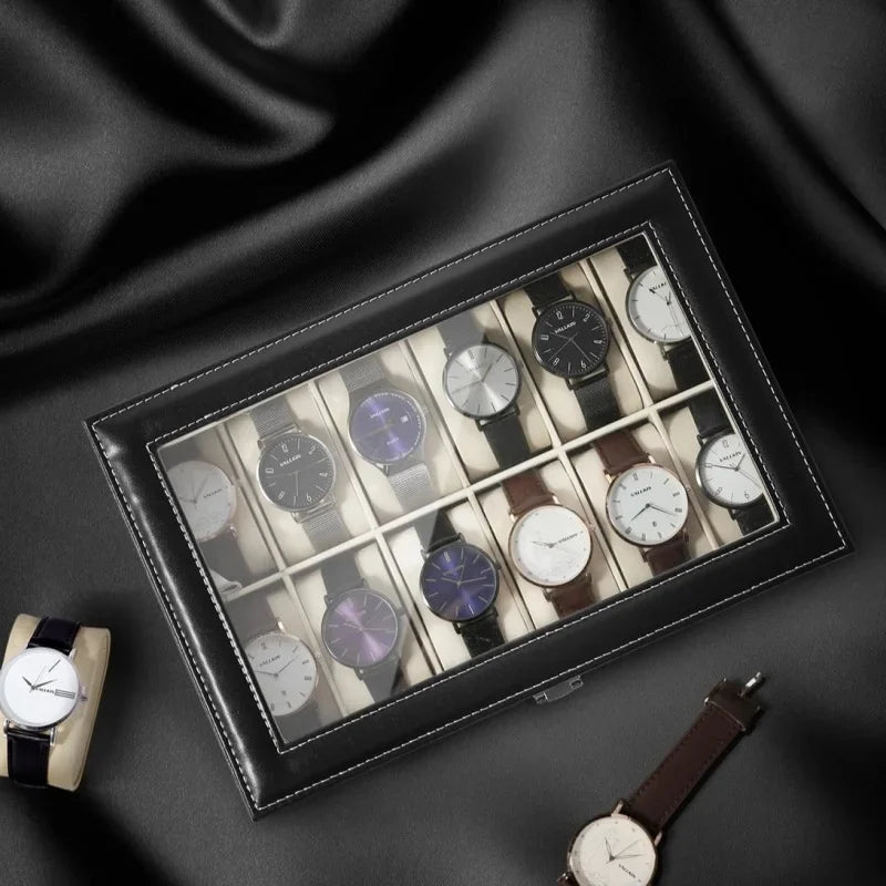 boîte montres cuir noir simili 12 emplacements tissu beige classique cordon serrage présentoir bijoux