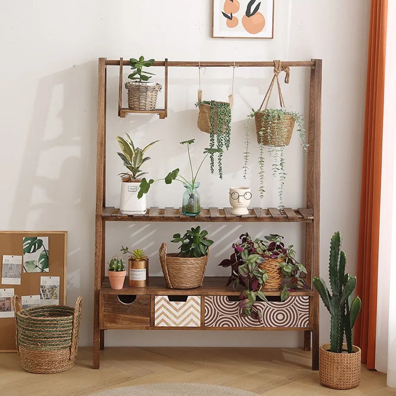 meuble étagères murales bois naturel moderne minimaliste niveaux tiroirs déco spider plant