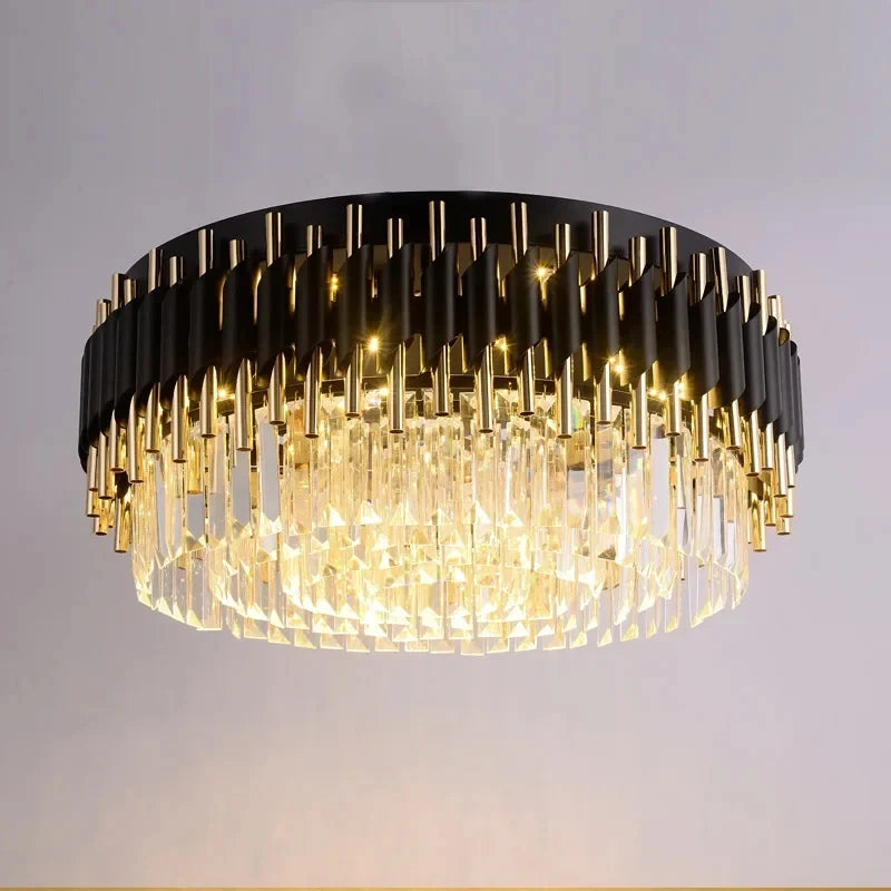 lustre contemporain noir doré cristal suspension salon élégante barres verticales pendants transparents