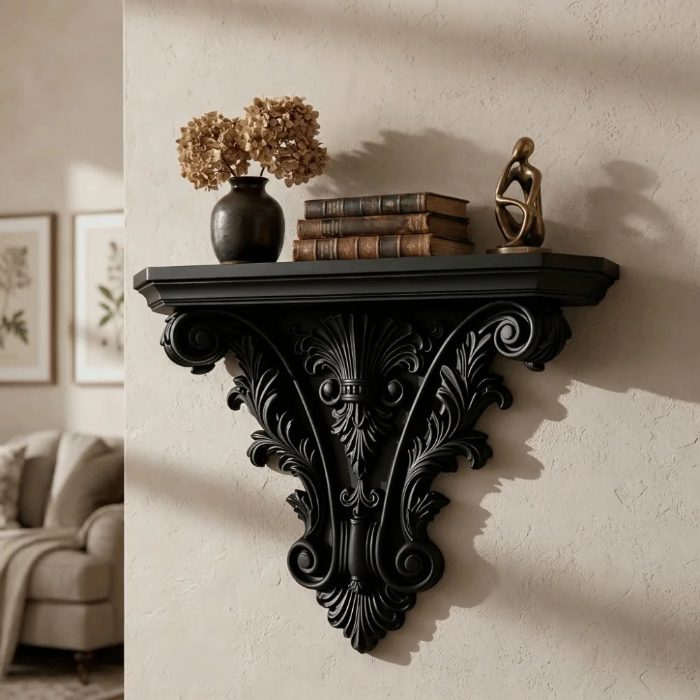 étagère murale décorative noire blanche supports sculptés chandelles bougeoirs vases fleurs petits éléments ornementaux