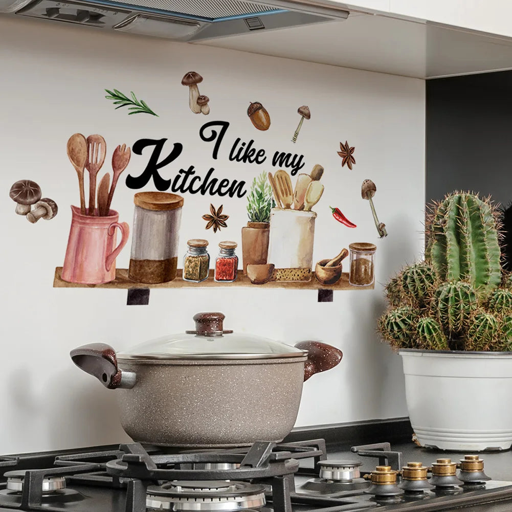 décoration murale aquarelle cuisine ustensiles épices plantes rustique botanique stickers muraux adhésifs