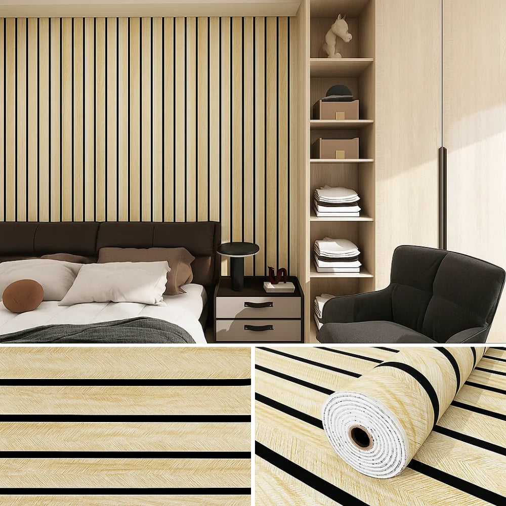 panneau décoratif moderne rayures horizontales beige noir adhésif 40cm longueur 10m