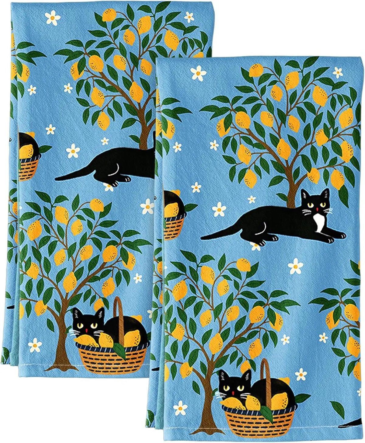 serviettes cuisine bleu jaune chats arbre fleurs tissu texturé boucle suspension dimension 40x60cm decoration