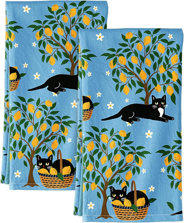 serviettes cuisine bleu jaune chats arbre fleurs tissu texturé boucle suspension dimension 40x60cm decoration