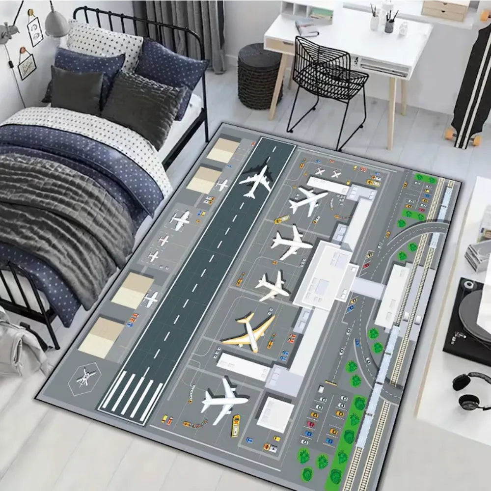 tapis jeu enfant aéroport avion piste décoratif salon chambre moderne antidérapant polyester gris bleu