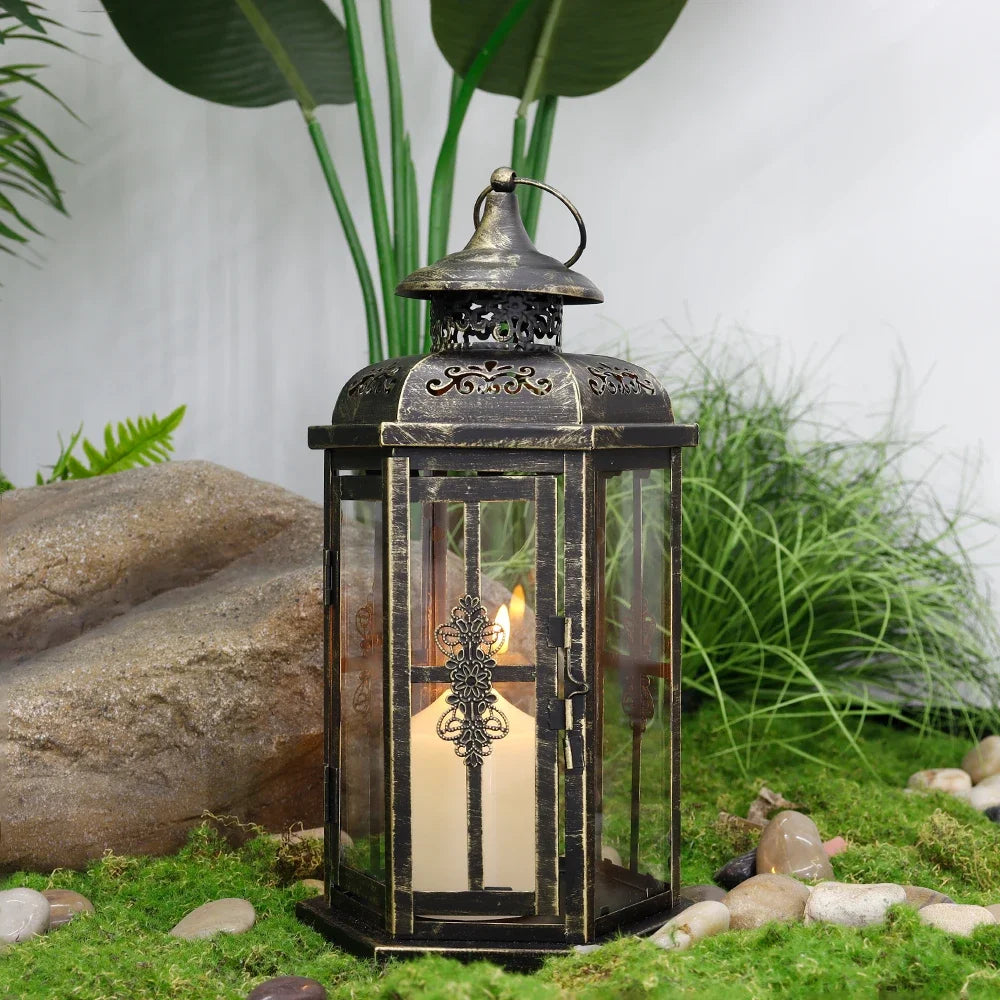lanterne vintage métal fer ornements floraux transparent noire décoration intérieure mariage bougie inclusion anneaux