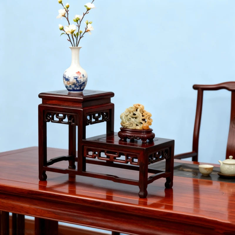 présentoir bois massif chinois vase figurine étagère artisanal décoration marron vernis brillant motifs découpés