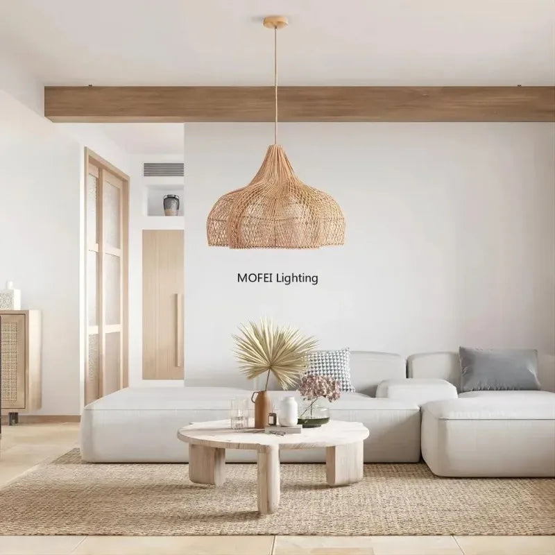 lampe suspendue rotin bois naturel rustique moderne salon cuisine lumière chaude