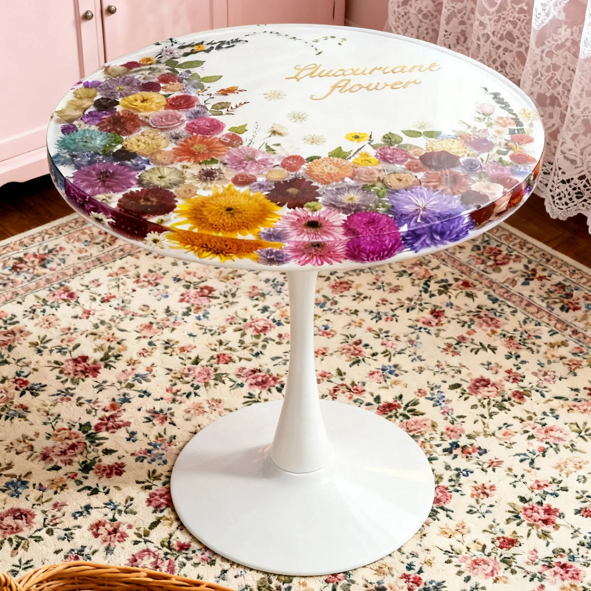 table ronde résine fleurs séchées blanc multicolore moderne tulipier transparent