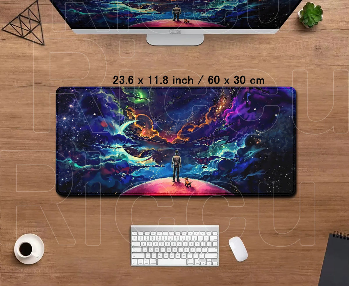 tapis souris gaming large taille bleu violet nuages étoiles antiderapant moderne