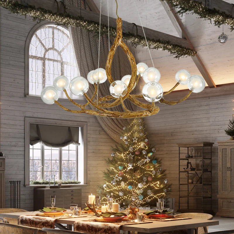 lampe suspendue moderne dorée branches naturelles 12 boules verre chaînes métalliques salon chambre