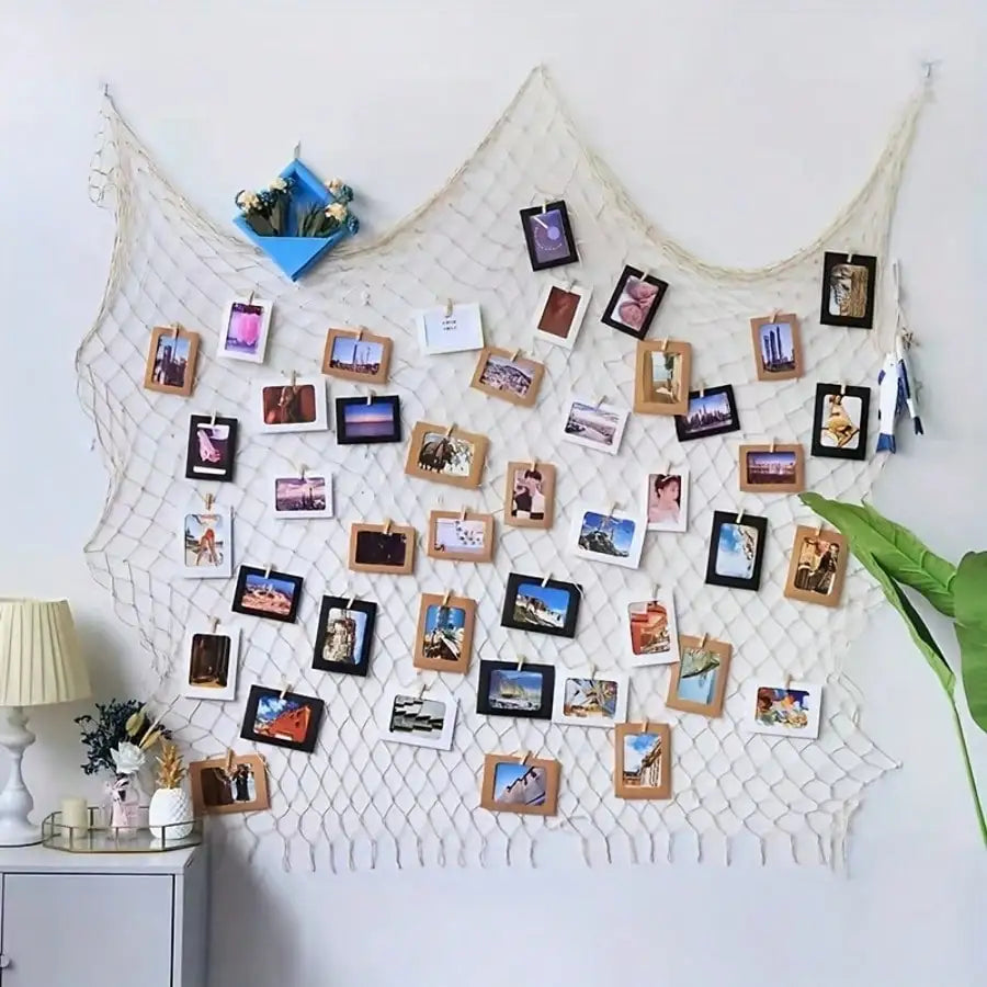 décoration murale filet pêche bois clips photos encadrées étoiles mer coquillages beige clair rustique