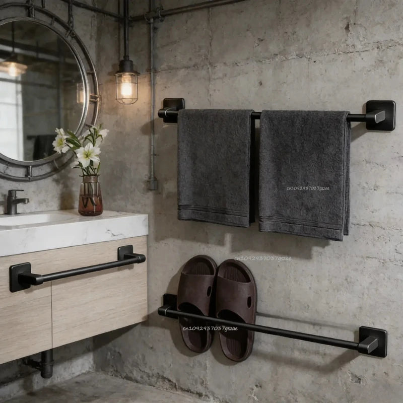porte serviettes mural adhésif noir alliage aluminium poli industriel salle bain 30 40 50cm