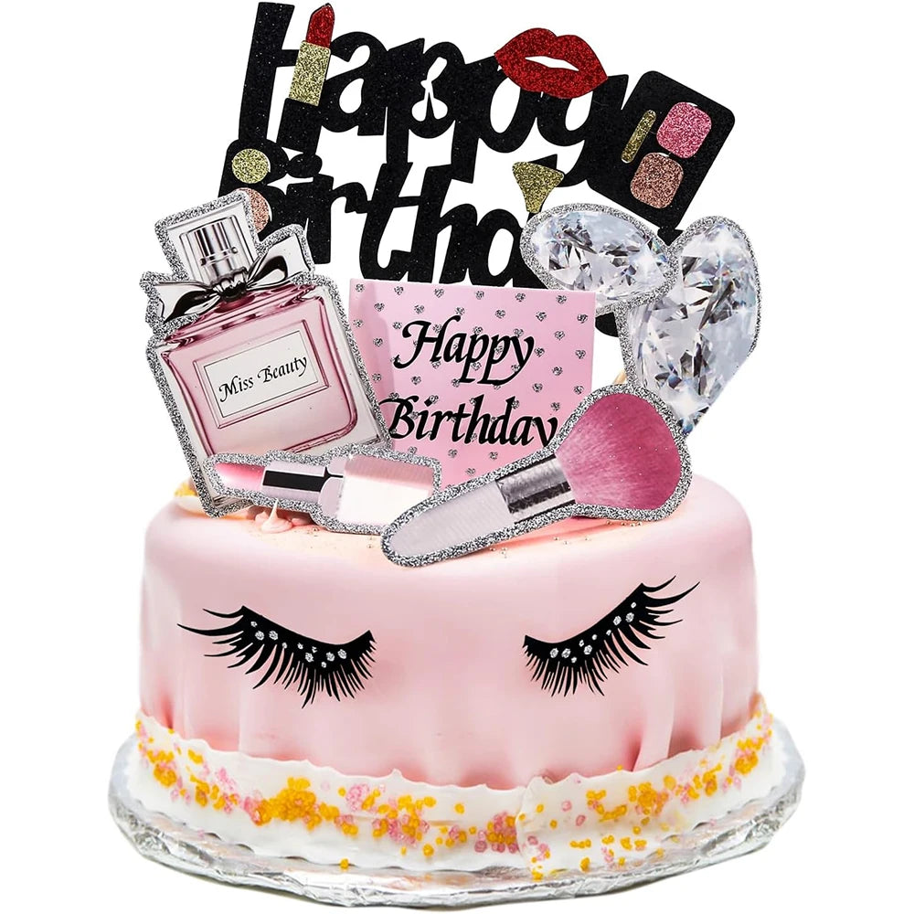 accessoires gâteau glitter strass parfum maquillage cils brosse cartes happy birthday miss beauty festive