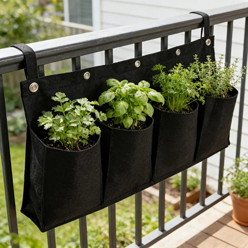 pochette suspendue pots intégrés herbes aromatiques succulentes fleurs tissu texturé rustique jardinage balcon