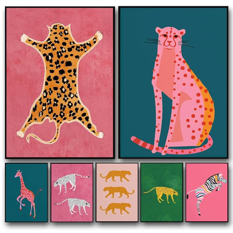 affiche murale animaux safari léopard girafe zèbre toile décor salon moderne cadre bois