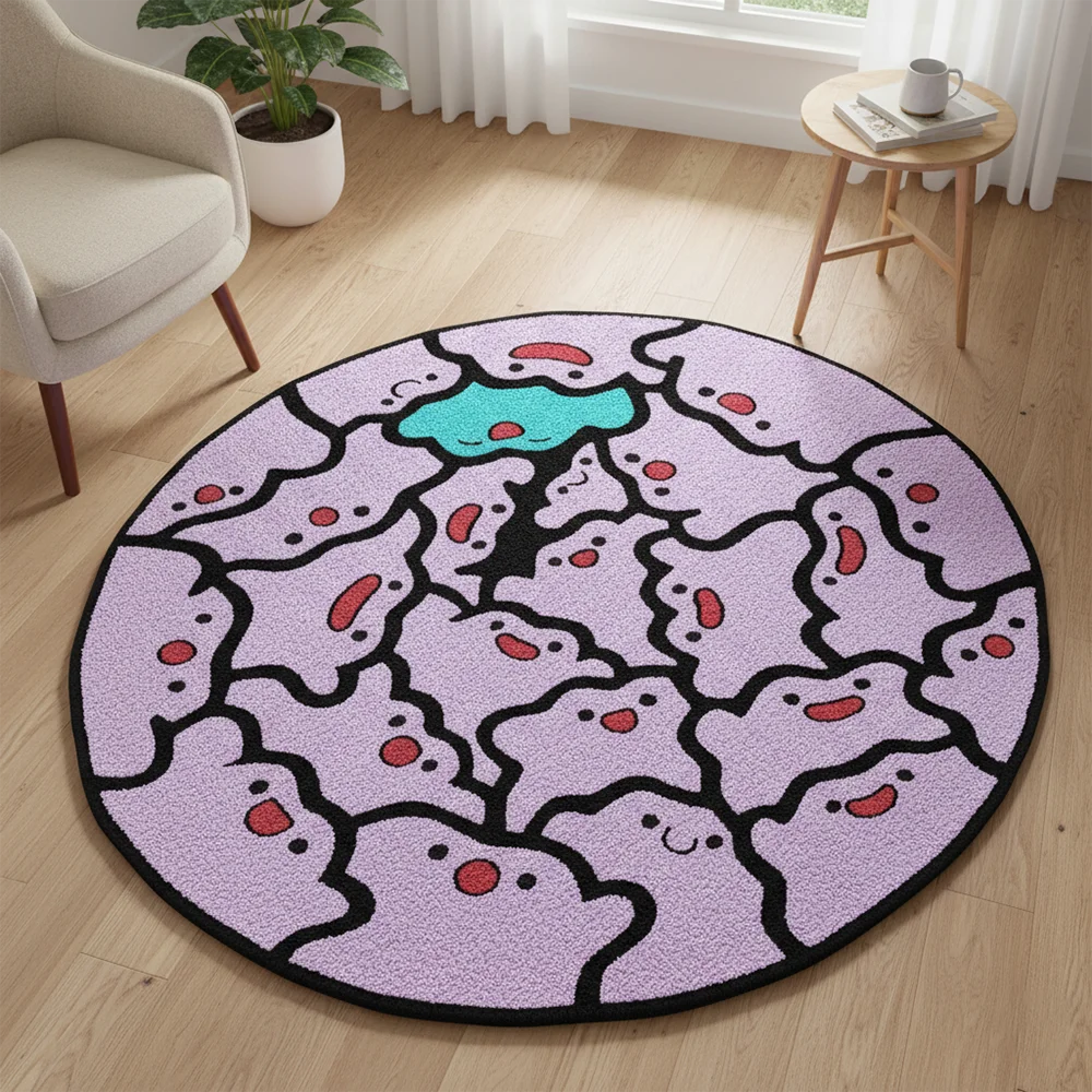 tapis rond anime fantômes yeux rouges fond rose clair texture veloutée moderne 80cm 120cm
