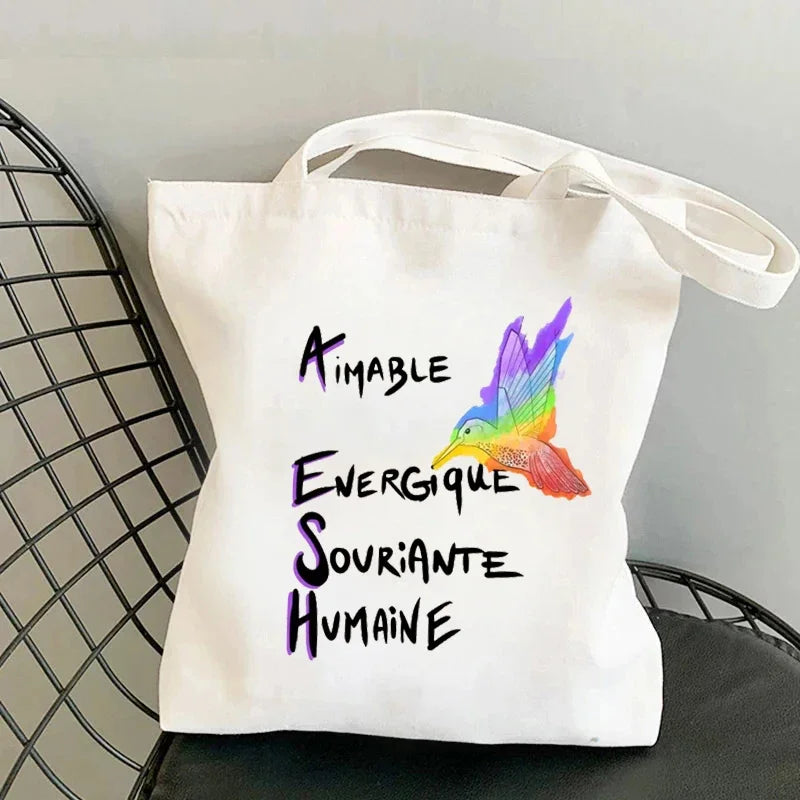 sac main toile imprimée blanc moderne poignées détachables sans fermeture éclair