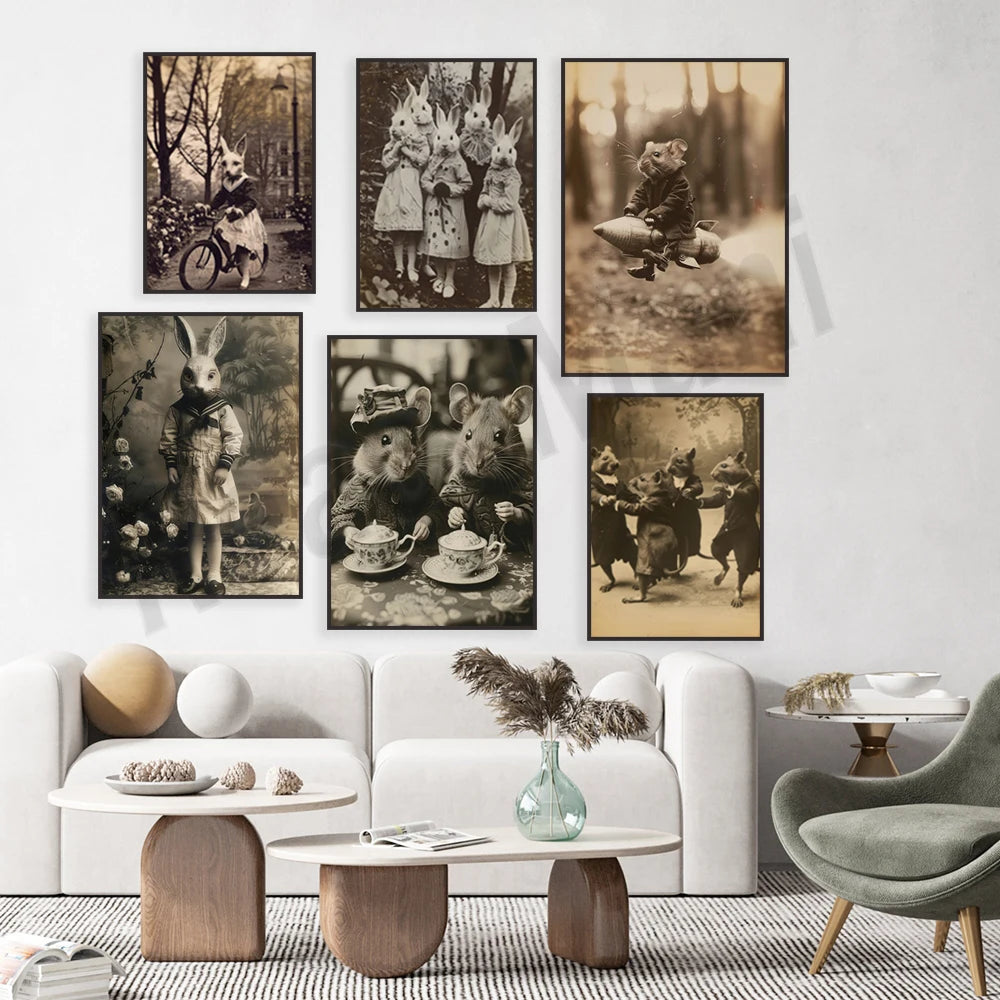 Une collection d'illustrations vintage en noir et blanc représentant des animaux anthropomorphiques dans différentes scènes surréalistes, créant une ambiance unique et évocatrice dans l'espace.