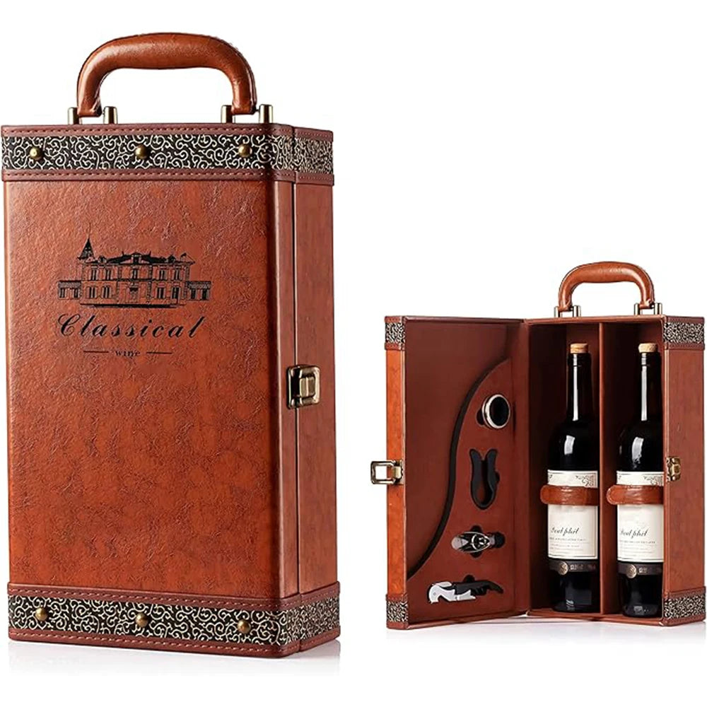 coffret vin cuir marron bouteilles ouvre bouchon dégustation mariage anniversaire fêtes