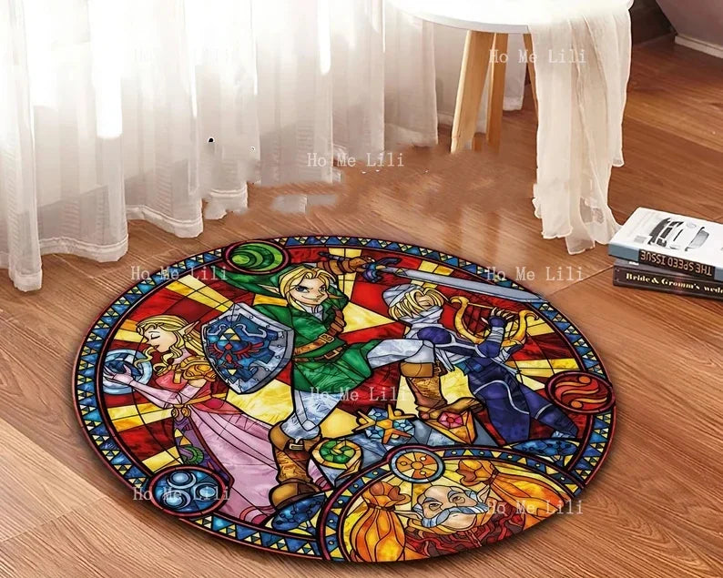 tapis rond multicolore vitrail personnages objets artístico usage maison extérieur