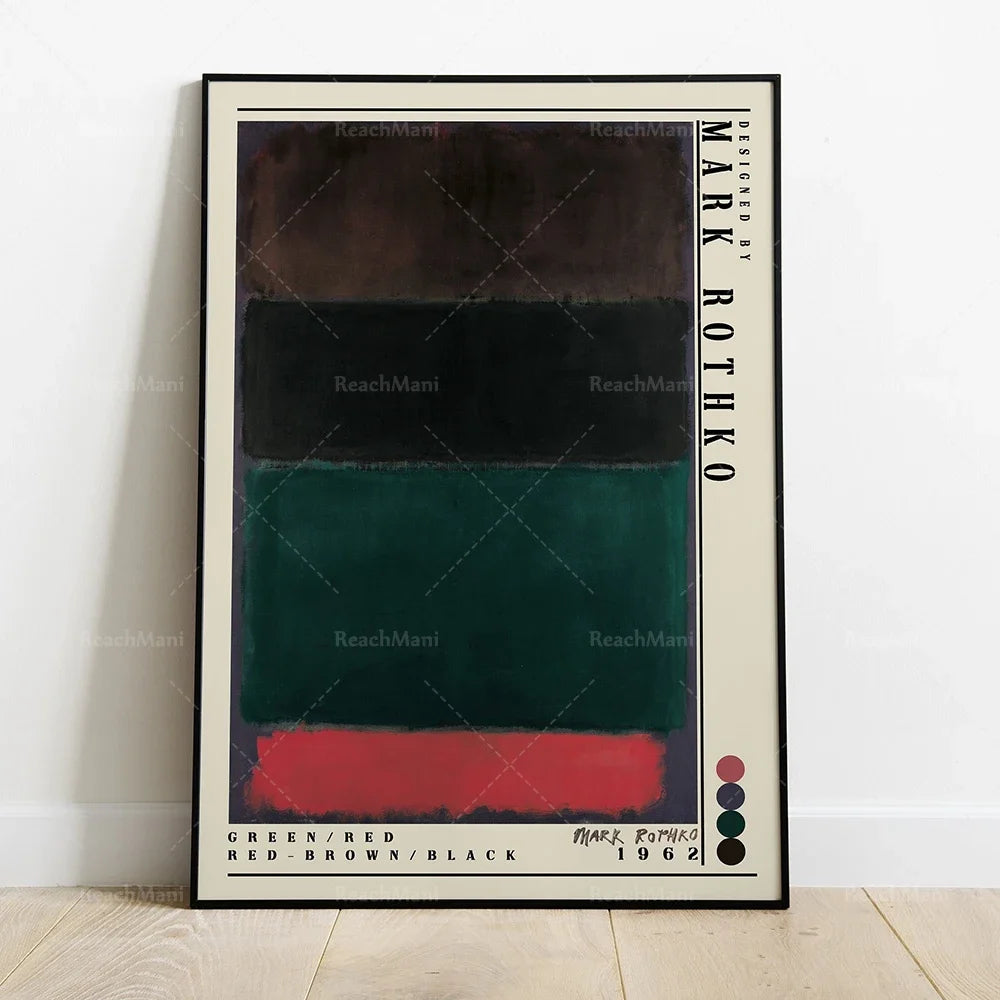 L'image montre une affiche abstraite avec des bandes horizontales de couleurs vertes, rouges et noires, entrecoupées de lignes diagonales sombres, créant un motif graphique intéressant.