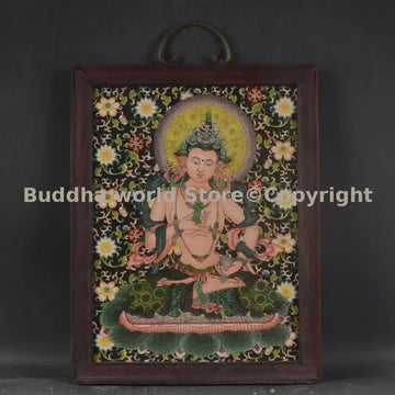 tableau art bouddhiste tibétain figure couleur noire jaune verte rouge blanche rose motifs floraux
