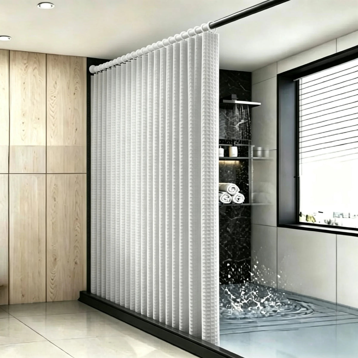 rideau douche blanc moderne polyester gaufre triangles relief opaquant eyelets respectueux environnement