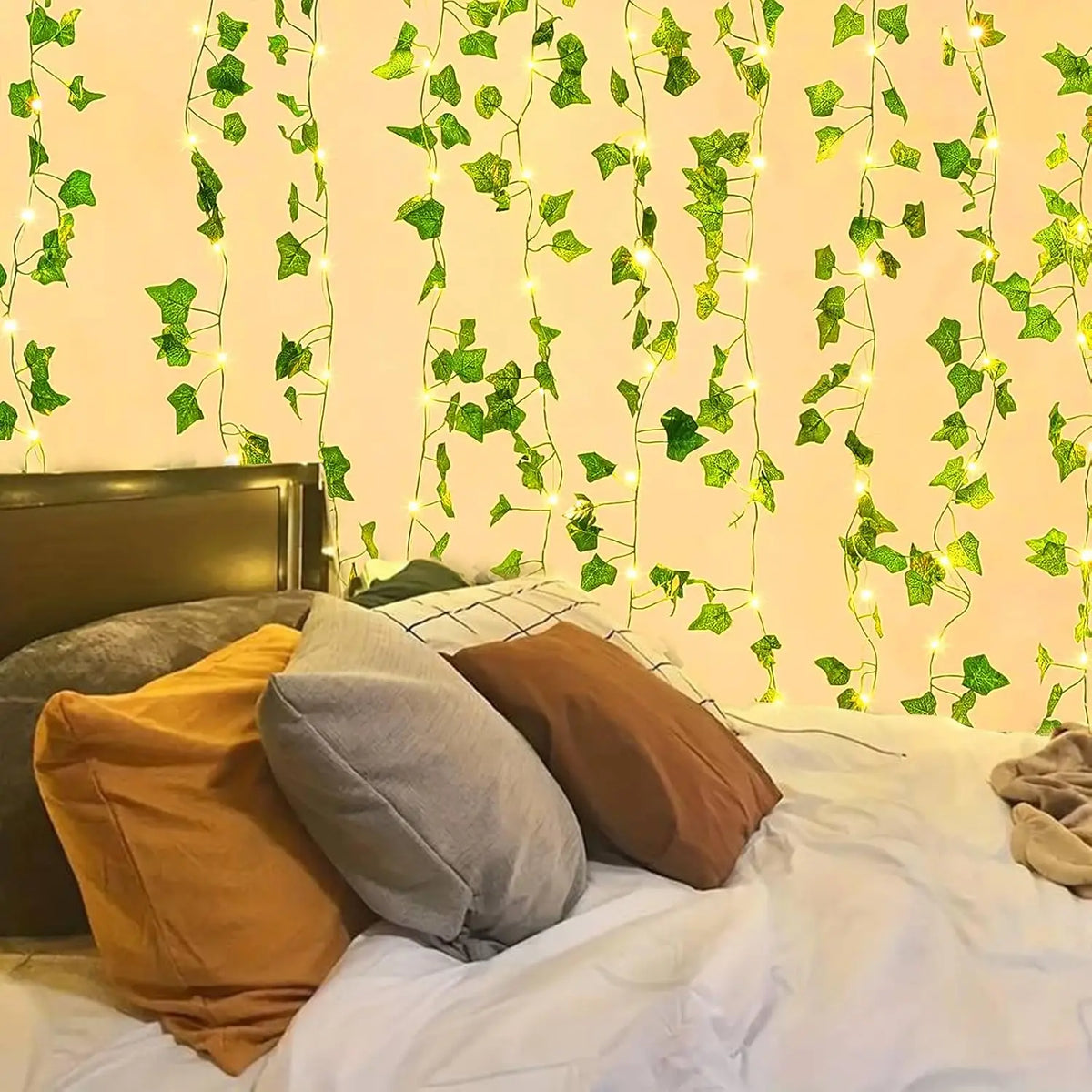 guirlande lumineuse feuilles vertes lierre lumière blanche moderne décoration chambre vacances télécommande usb