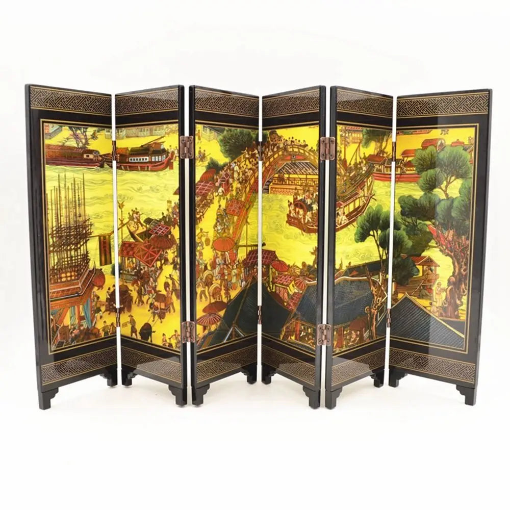 paravent chinois peinture traditionnelle paysages animaux calligraphie bois doré noir ornement chambre multifonctionnel souvenirs