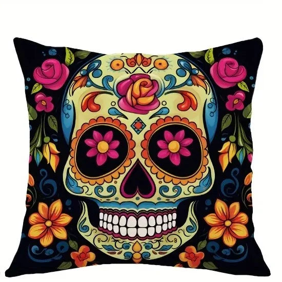taies d'oreiller halloween crâne fleurs colorées deco maison lit polyester opacité artistique