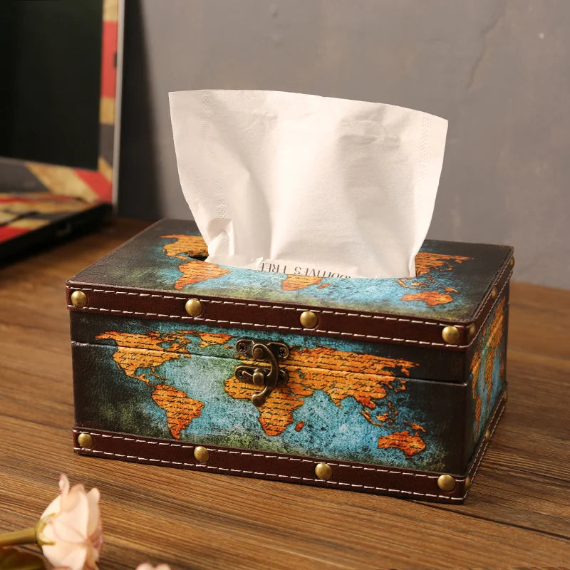 Détail du design industriel de la boîte à mouchoirs en bois