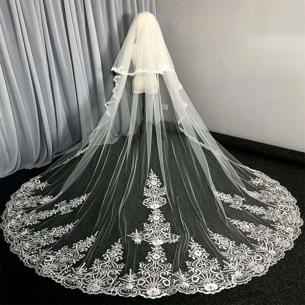 voile mariée deux couches blanc broderie florale bord dentelle classique 3m translucent