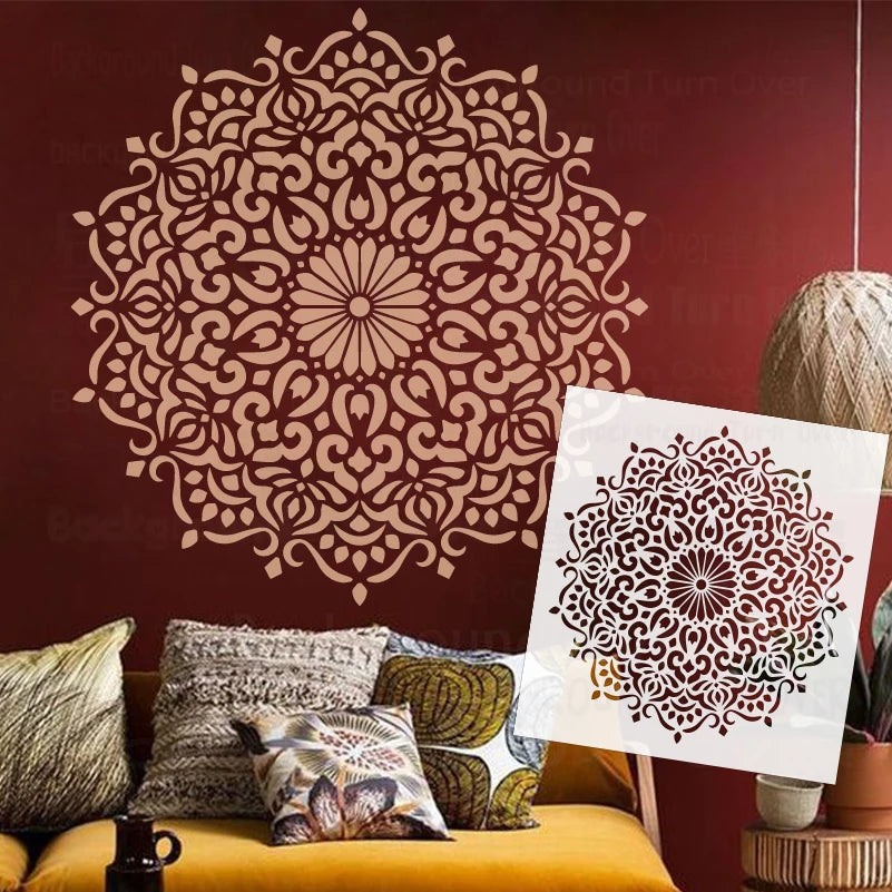 Stencil mural blanc mandala ornements floraux adhésif artisanal détaillé plastique grande taille