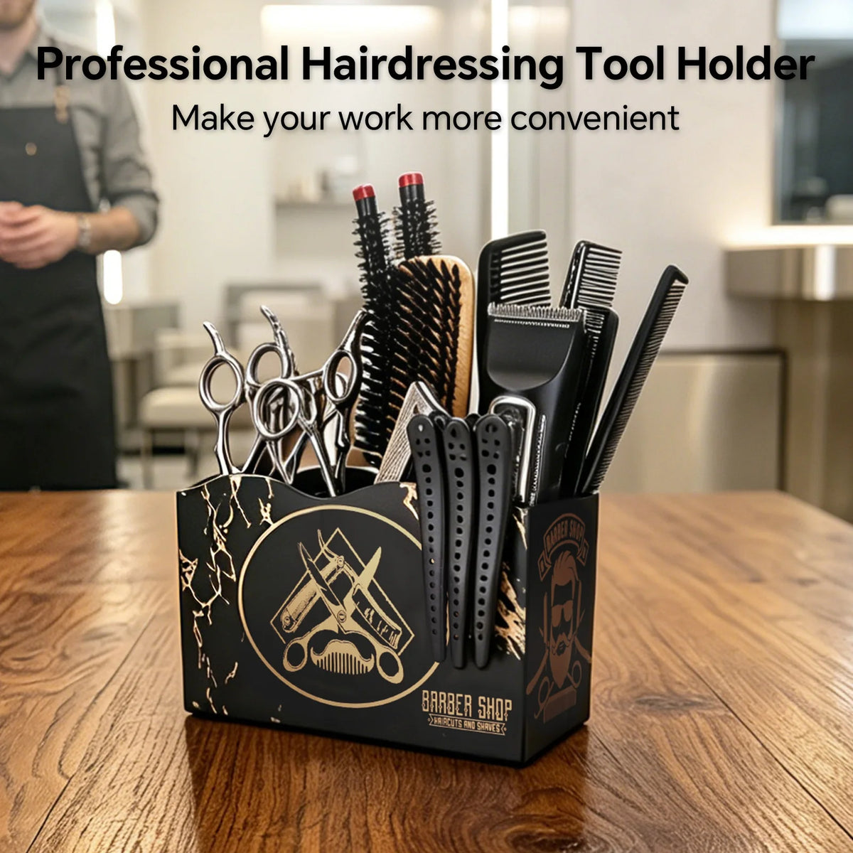 rangements outils coiffeur noir or motif graphique moderne ciseaux peignes rasoirs miroir brosse barbe