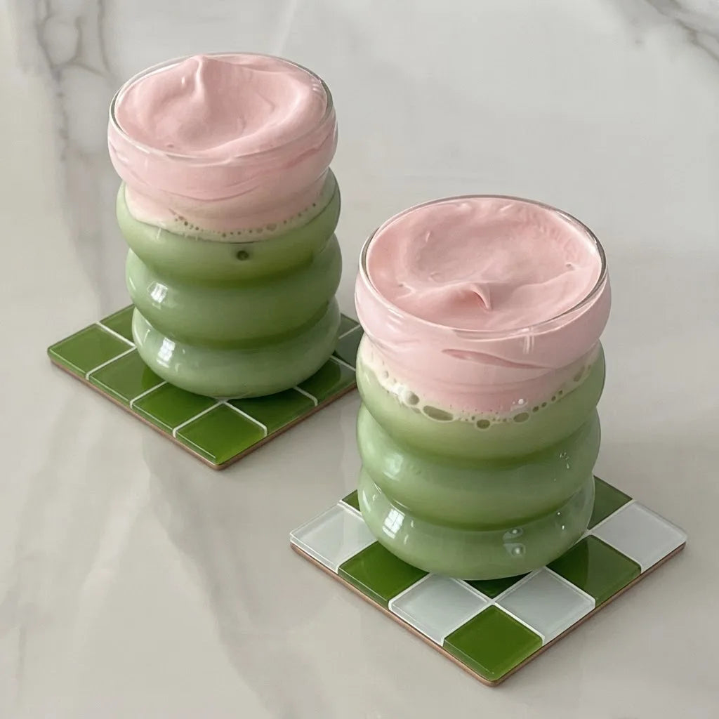 coasters verre résistant chaleur carreaux géométriques couleur rouge vert beige bleu noir jaune rose