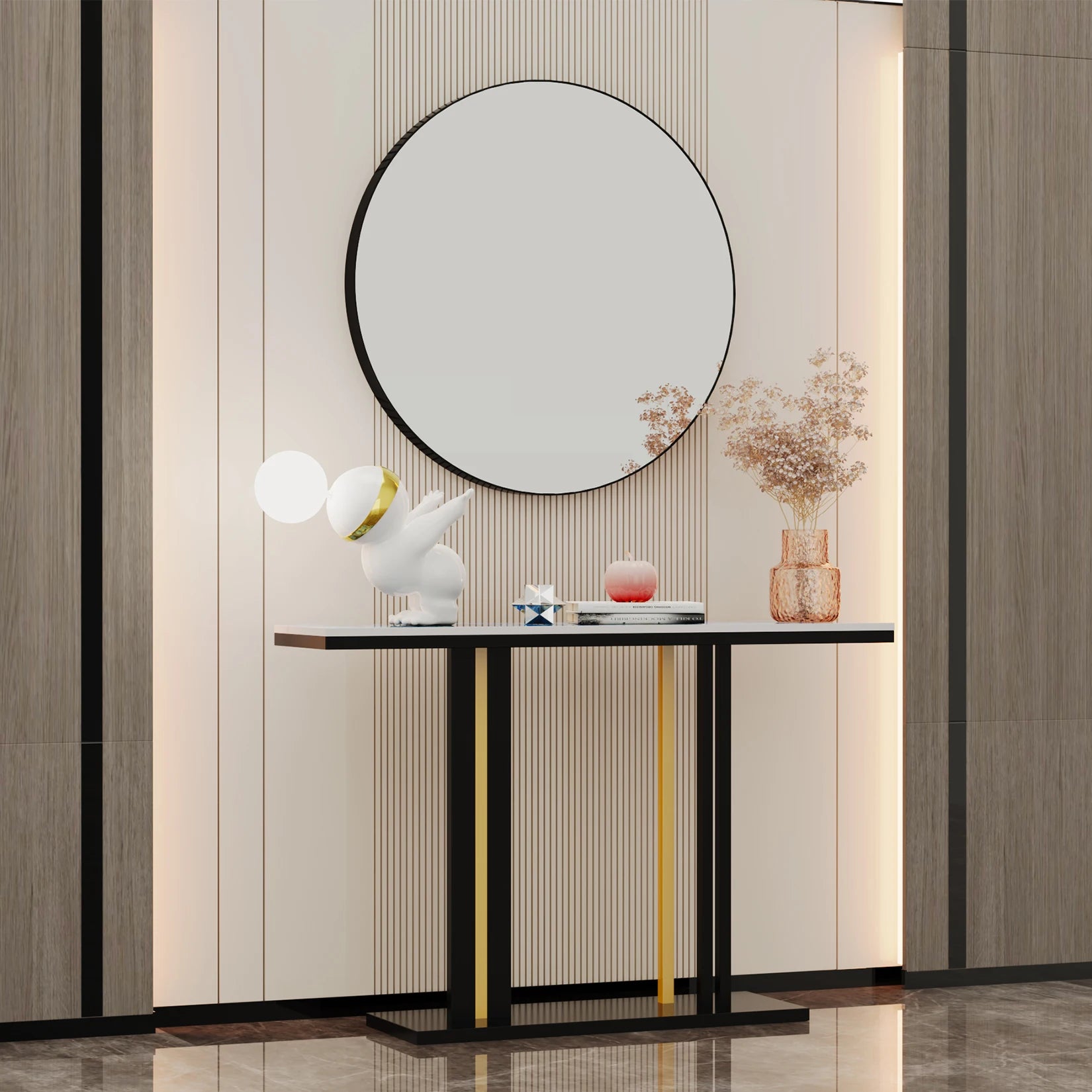 Un miroir rond élégant avec un cadre noir, placé au-dessus d'un meuble console moderne avec des éléments décoratifs, dans un intérieur design avec des motifs verticaux sur les murs.