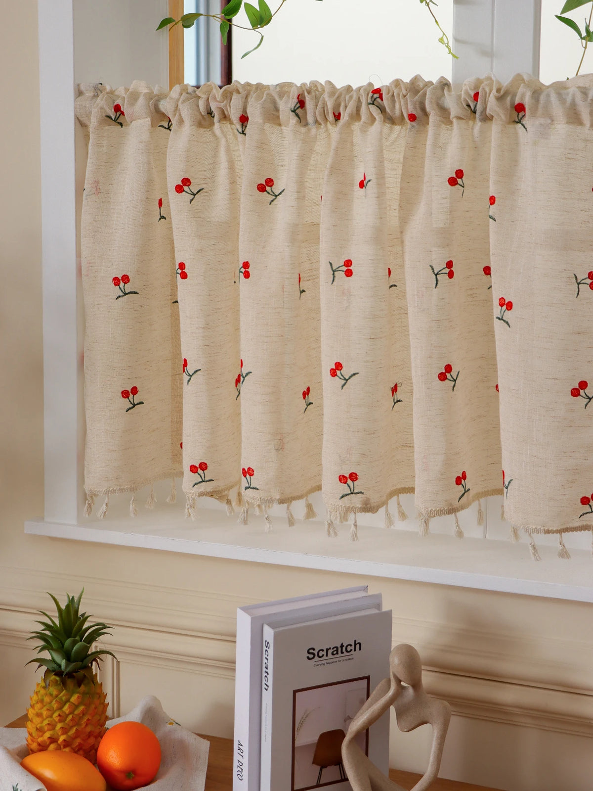 rideau lin brodé fleurs rouge vert beiges opaques tassels chambre cuisine 100x60cm 150x60cm 180x60cm