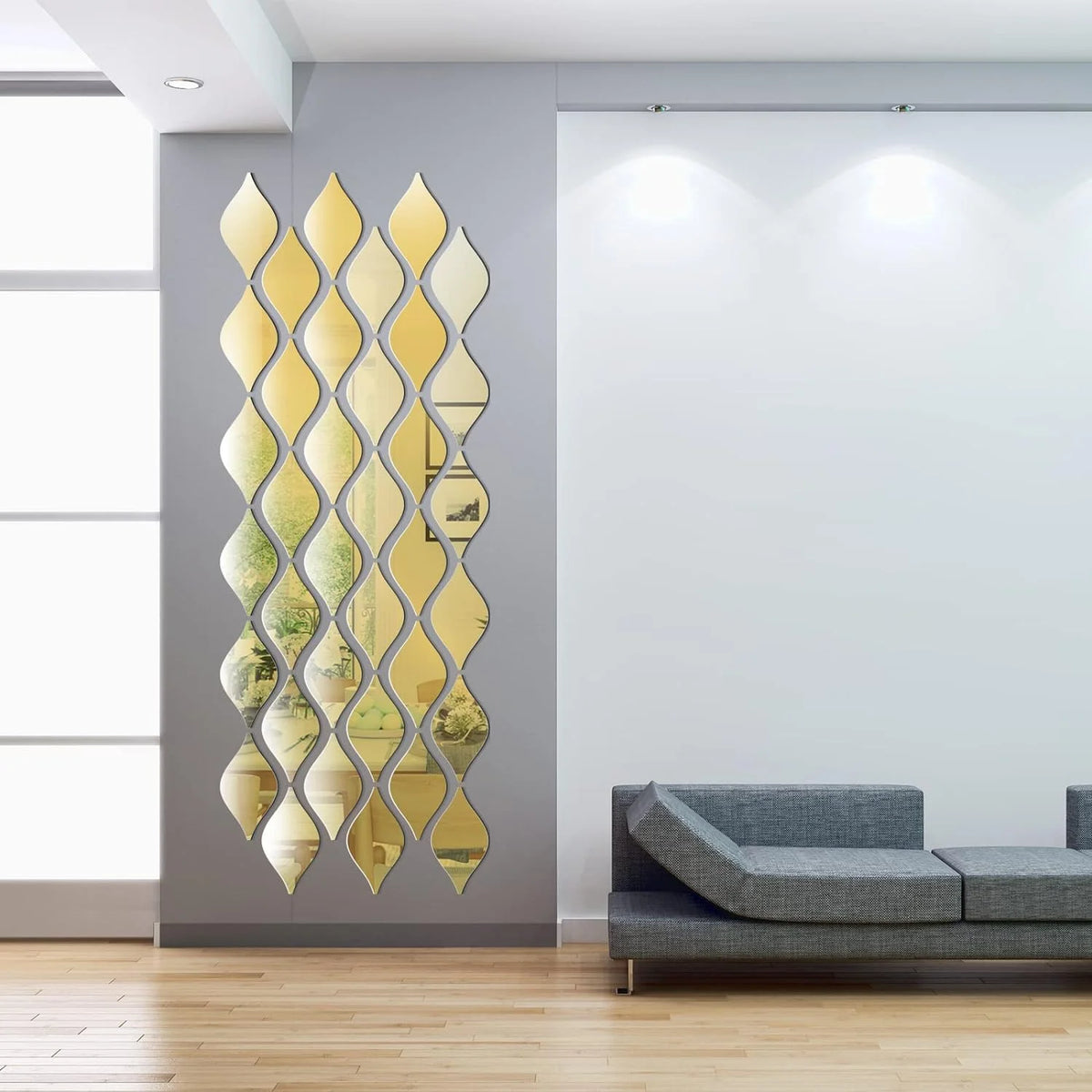 décoration murale moderne feuilles miroir argentées auto adhésives géométriques ondulées dorées élégantes intérieurversible