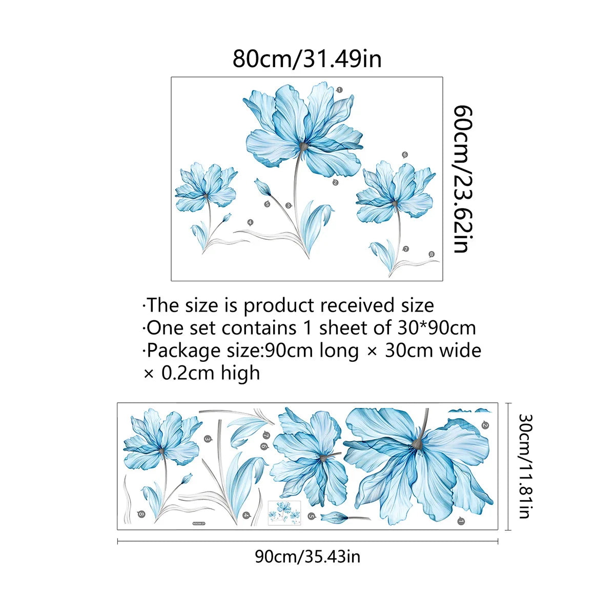 sticker mural fleurs bleu clair gris artistique adhésif salon décoration intérieure fleur feuilles délicate