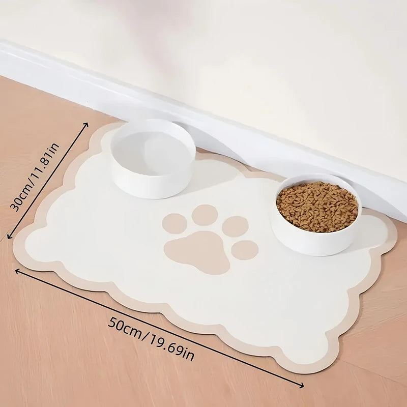 tapis anti dérapant imperméable adhésif blanc beige imprimé pattes chien moderne deux bols