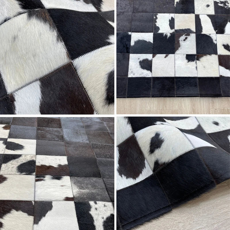 tapis noir blanc patchwork peau vache moderne salon chambre decoratif rectangle aubusson PVC