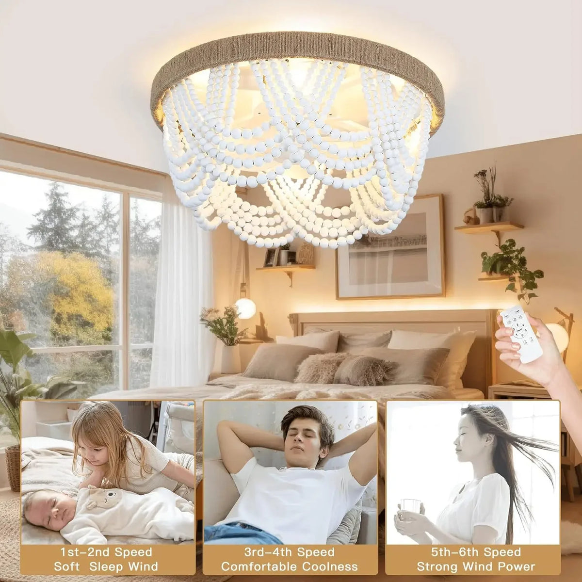 ventilateur moderne bois lumière led télécommande beige blanc